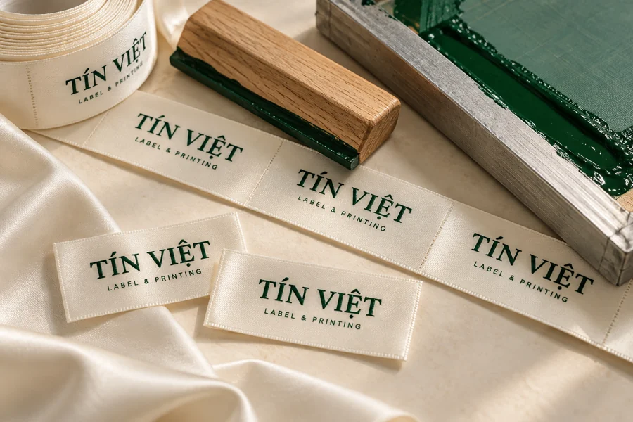 使用网框和刮板将信越标志丝网印刷于缎带标签上的工艺示意图